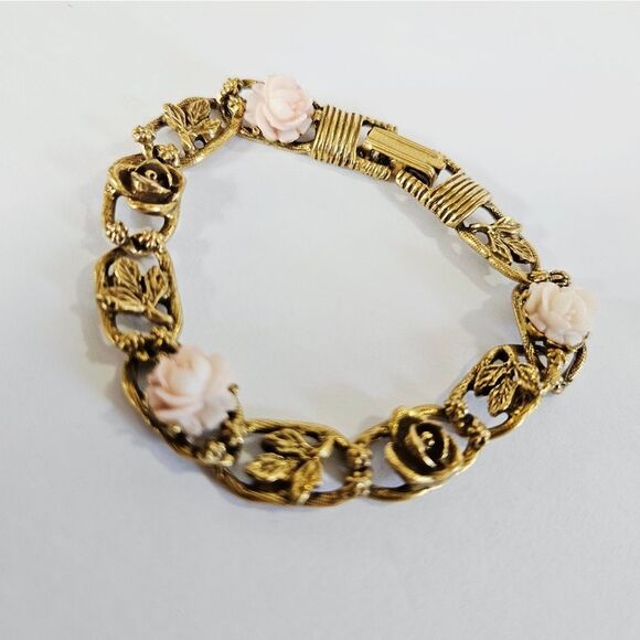 Vintage Goldette Signed '60s Victorian Revival Porcelain Rose Floral Bracelet - Picture 2 of 7